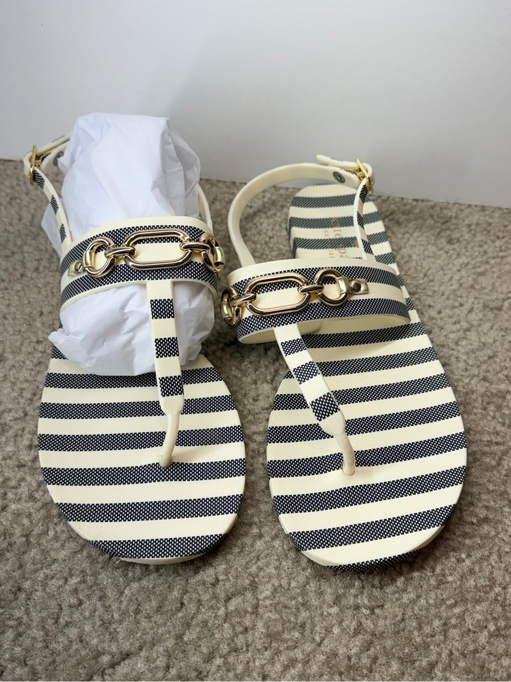 Women’s Striped T-Strap Sandals in Cream and Navy 8